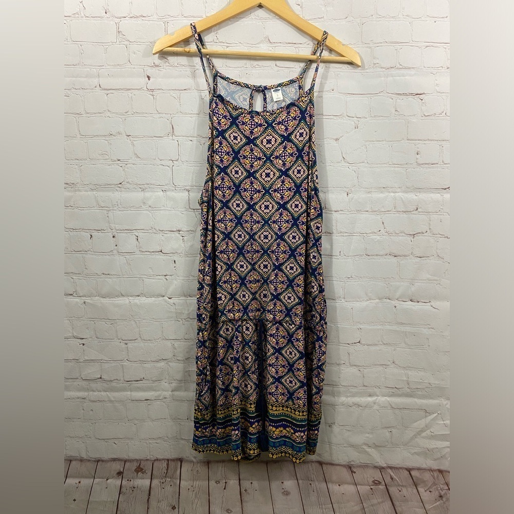 Old Navy Womens Size Large Romper Blue Yellow Floral Stretch Scoop Button